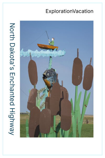 Pin with a scrap metal fish and fishing boat with text "North Dakota's Enchanted Highway - ExplorationVacation.net"