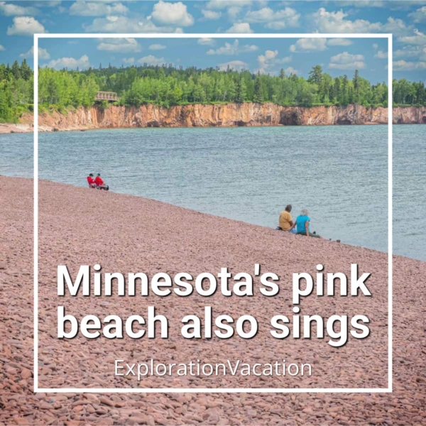 Link to story and photos on Iona's Beach SNA with text "Minnesota's pink beach also sings - ExplorationVacation.net."
