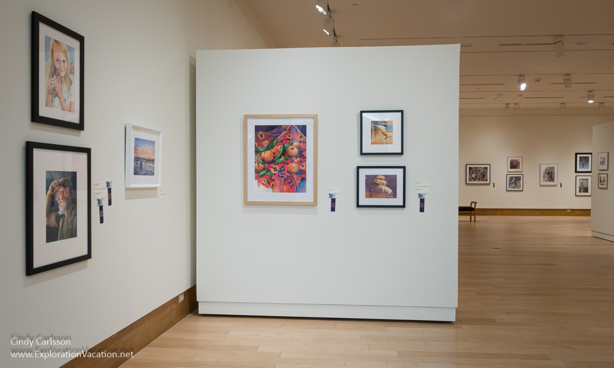 Photo of the Michigan Water Color Society 77th annual exhibition in 2024 at the Dennos Museum Center at Northwestern Michigan College in Traverse City, Michigan. (Photo © Cindy Carlsson on ExplorationVacation.net)