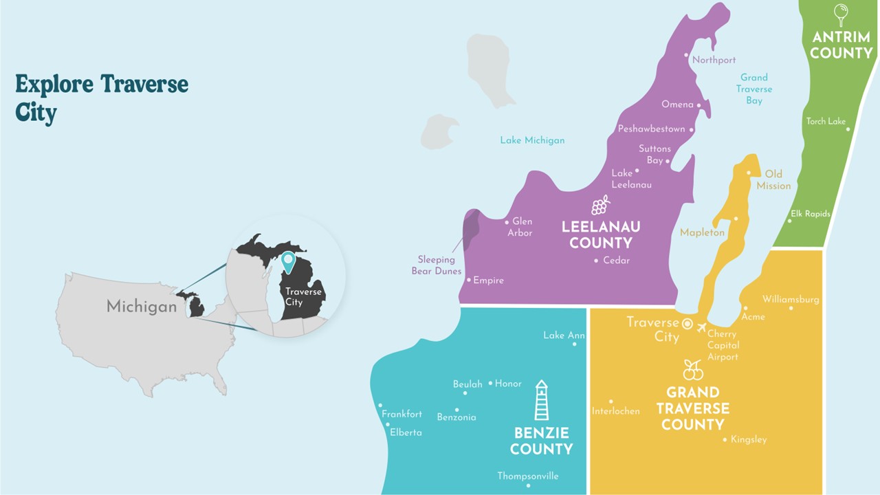 Graphic from Traverse City Tourism showing where Traverse City is located.
