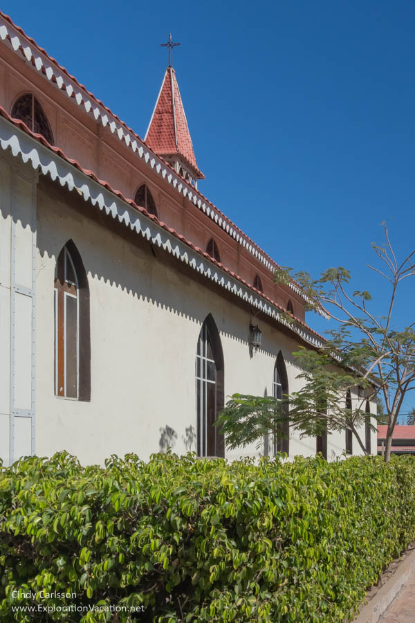 Photo of the sides of the metal Church of Santa Barbara in Santa Rosalia, Baja California Sur, Mexico, which were enclosed at some point. (Photo &copy; Cindy Carlsson - ExplorationVacation.net)