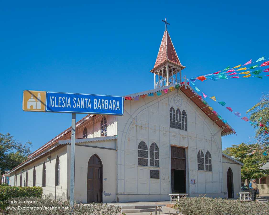 The prefabricated metal Church of Santa Barbara (Iglesia de Santa B&aacute;rbara).