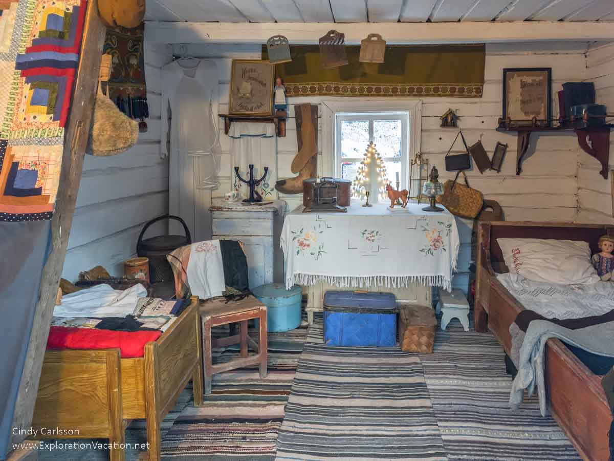 Photo of a sleeping area in an exhibit at the Tyynel&auml; Elf Village (Tyynel&auml;n Tonttukyl&auml;) in Larsmo, Finland. (Photos &copy; Cindy Carlsson at ExplorationVacation.net)