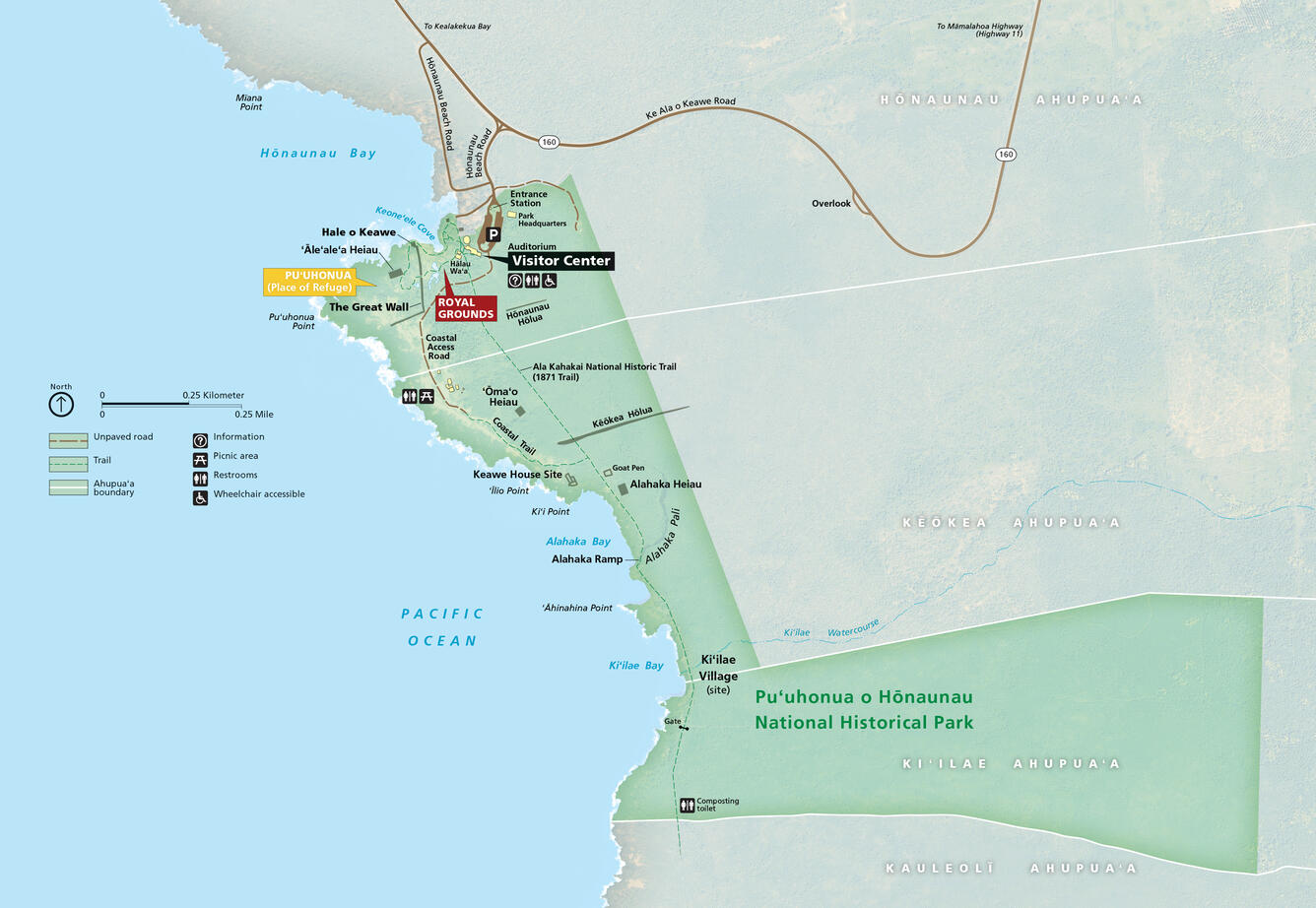 Photo of entire park map from a National Park Service map of Puʻuhonua o Hōnaunau National Historical Park.