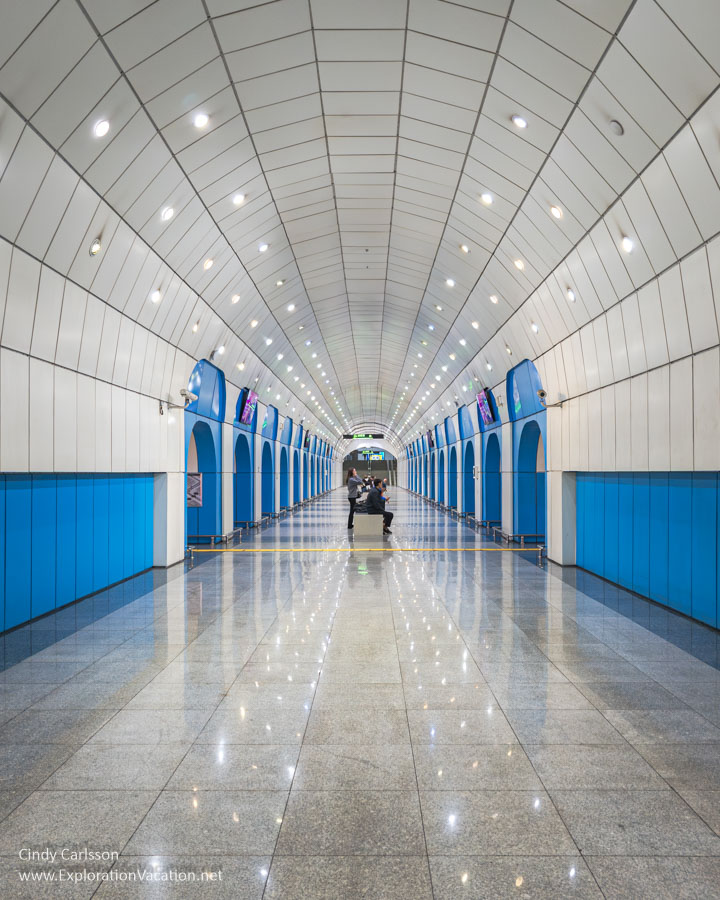 Photo of the Baikonyr (Baikonur)/Байқоңыр metro station in Almaty, Kazakhstan, which features a space-age main hall. (Photo &copy; Cindy Carlsson on ExplorationVacation.net)
