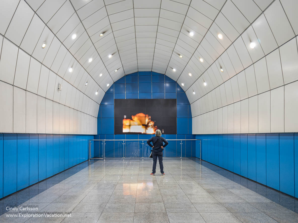 A high, bright corridor Inside the Baikonyr metro station in Almaty.