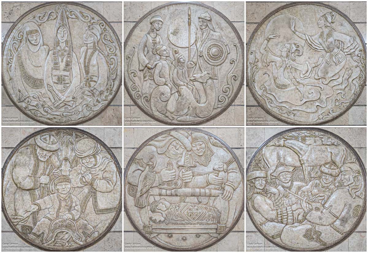 Medallions showing scenes from traditional Kazakh nomad life at the Auezov Theatera station in Almaty.