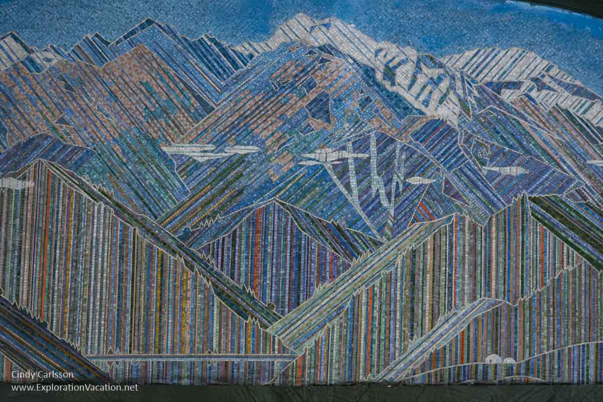 Detail from the Trans-Lli Alatu mountain mural at the Alatau station in Almaty, Kazakhstan. (Photo &copy; Cindy Carlsson on ExplorationVacation.net)