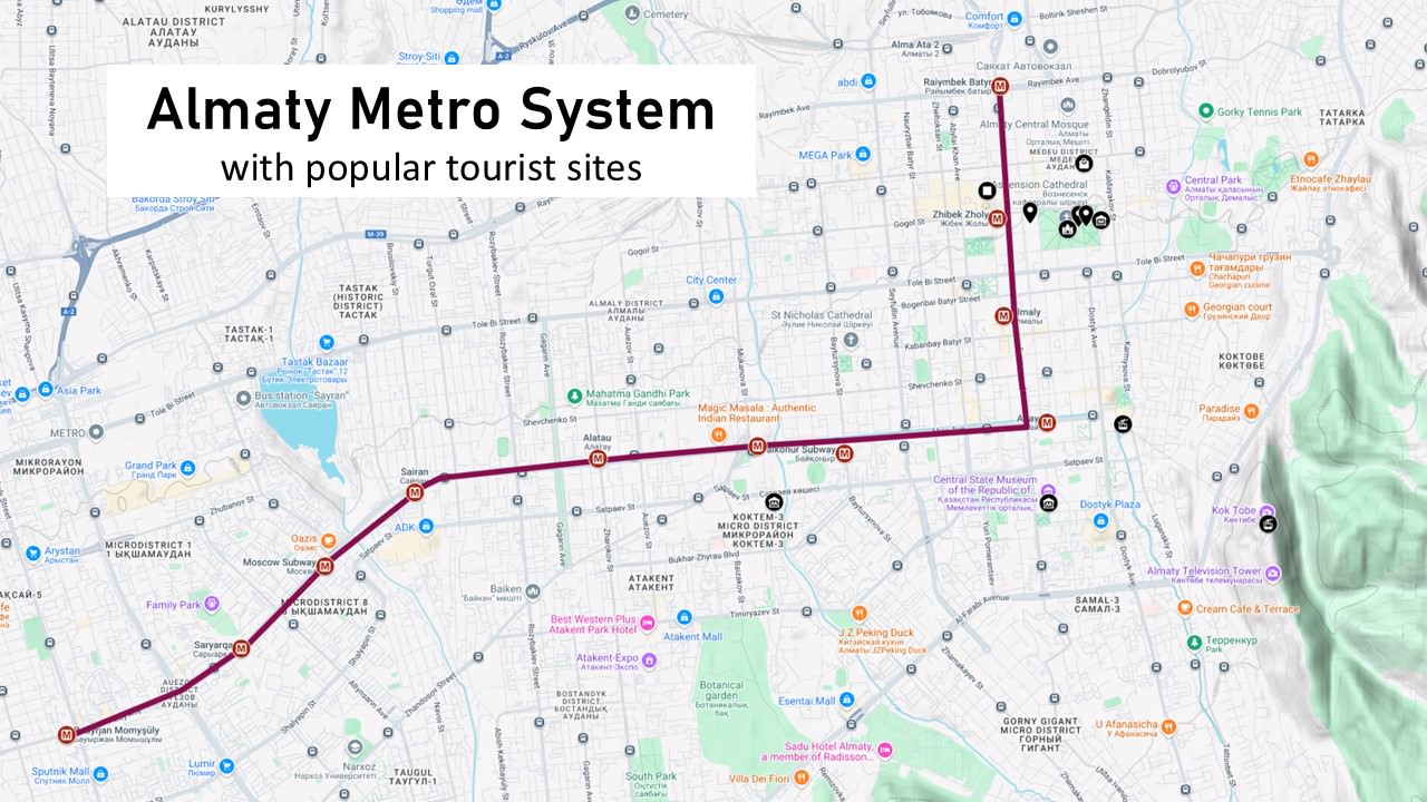 Map of the Almaty Metro system with tourist sites.