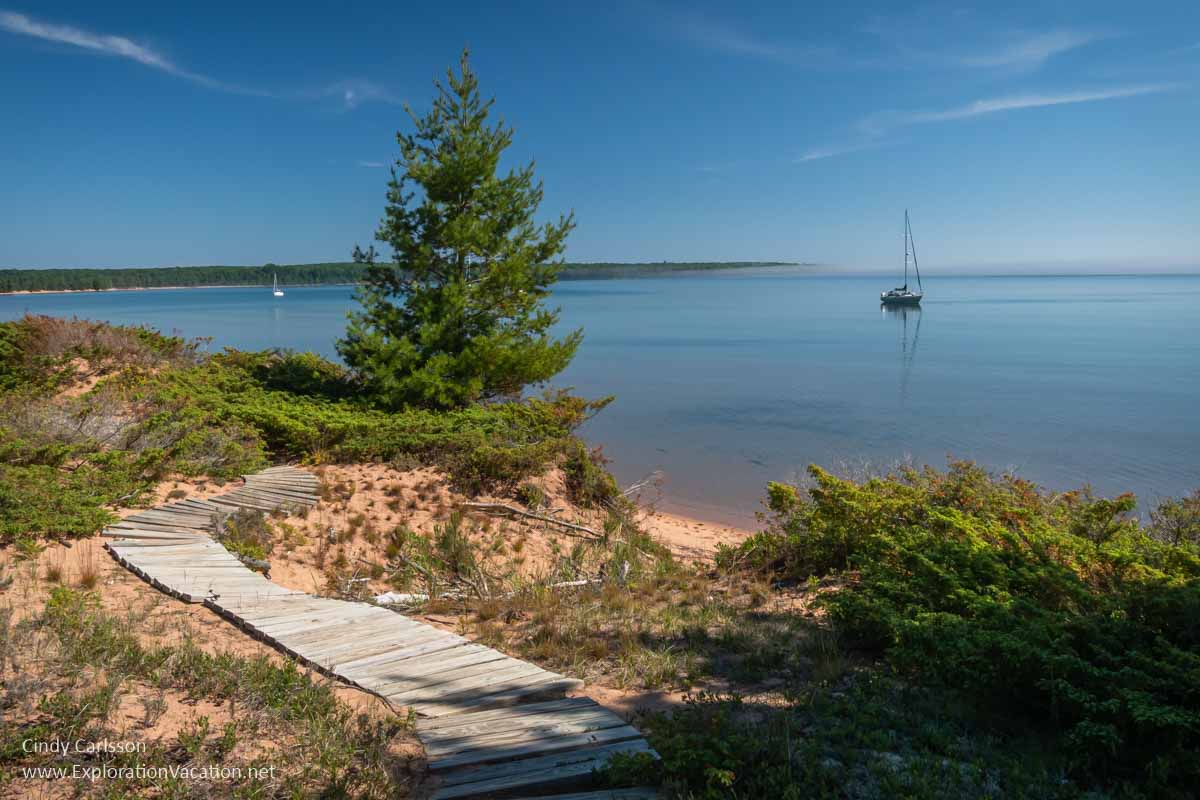 Photo of a boardwalk above Julian Bay in the Apostle Islands