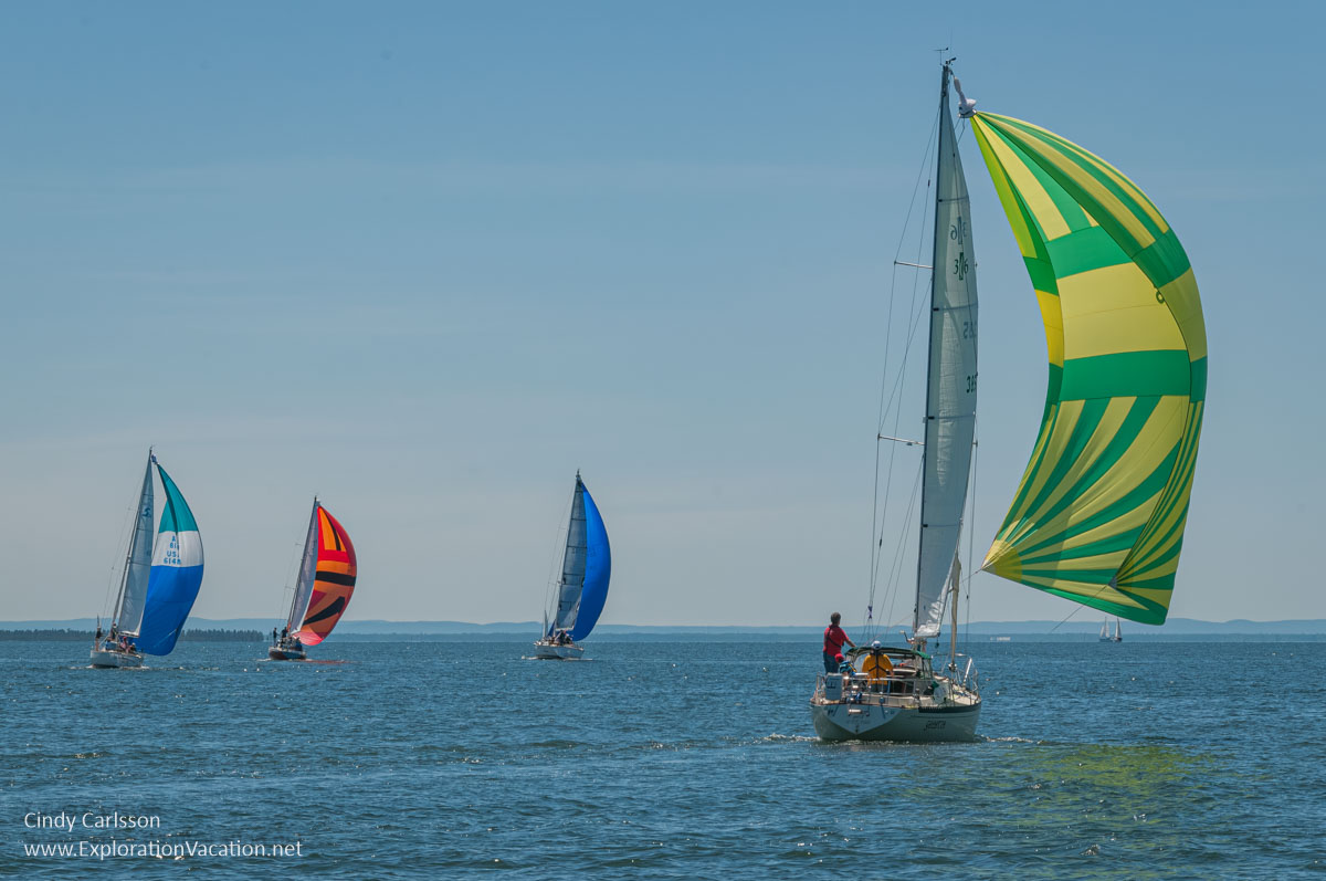Racing sailboats with colorful sails on Lake Superior off Bayfield, Wisconsin.