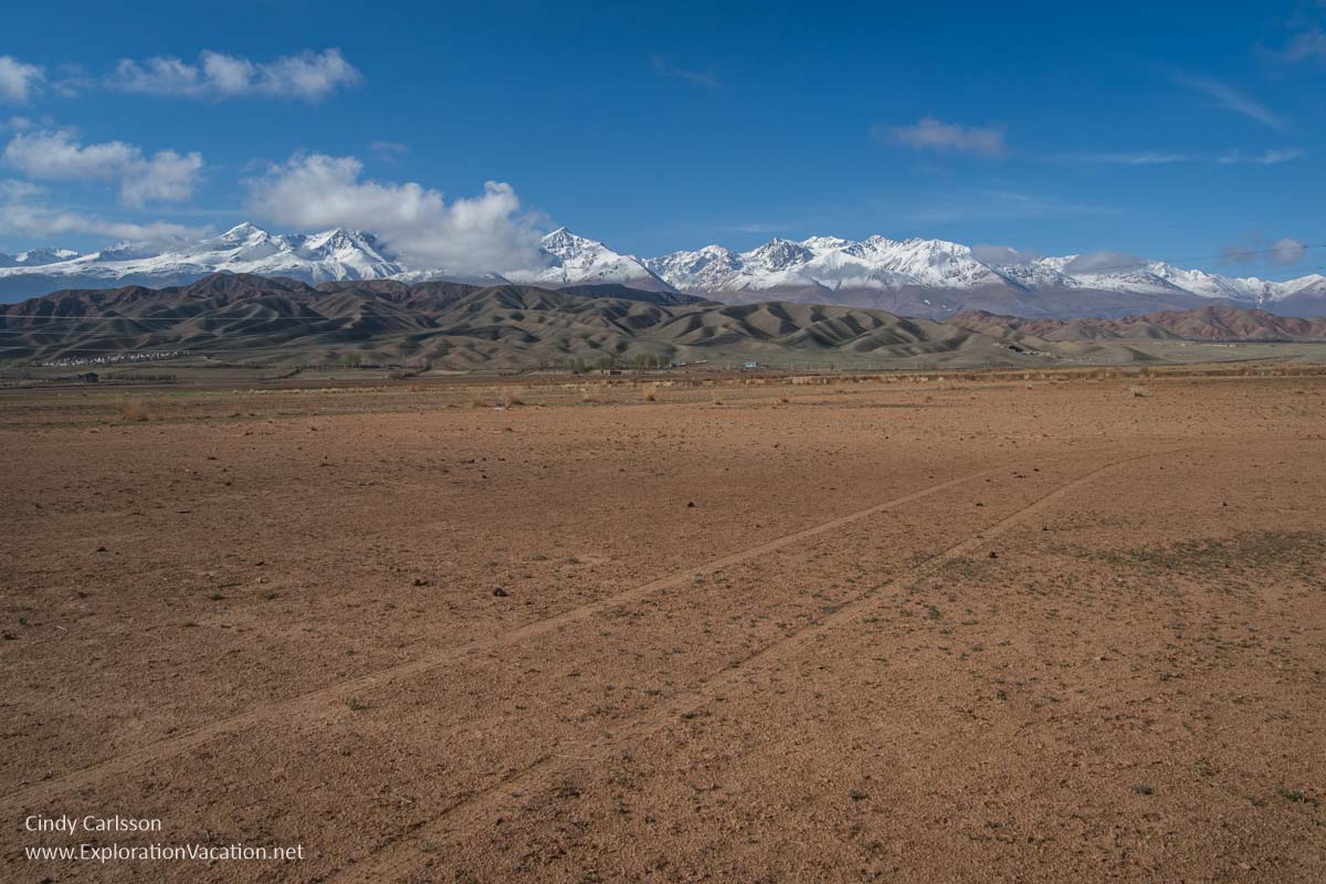 A desert plain with an automobile track and distant mountains.