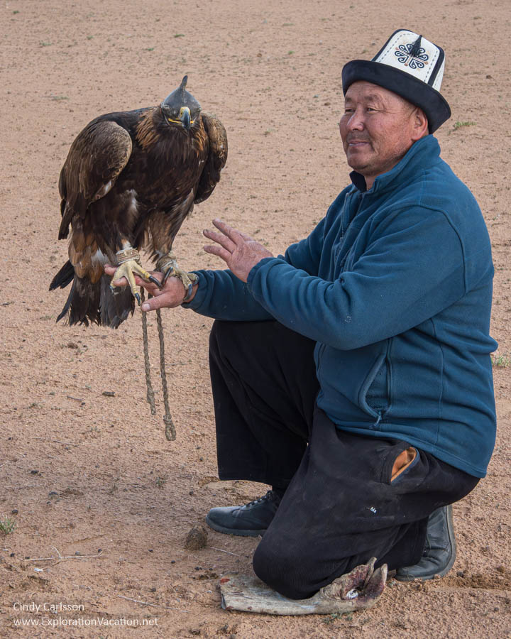 A Kyrgyz eagle hunter holding a golden eagle without a glove. 