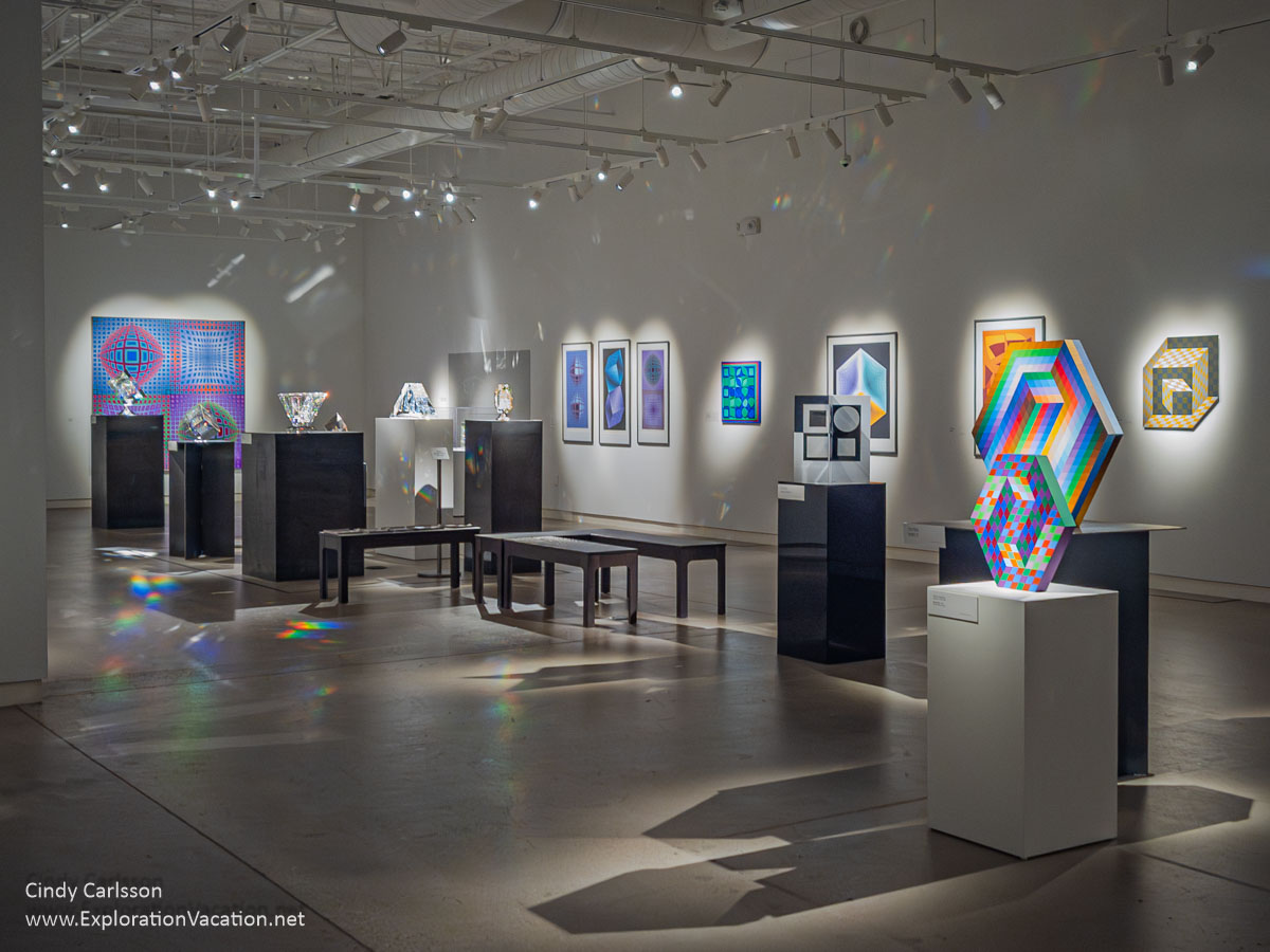 A gallery with colorful op art and glass.