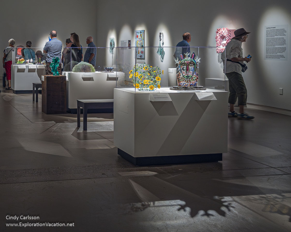Main Gallery with glass art during the From Origins to Horizons exhibit.