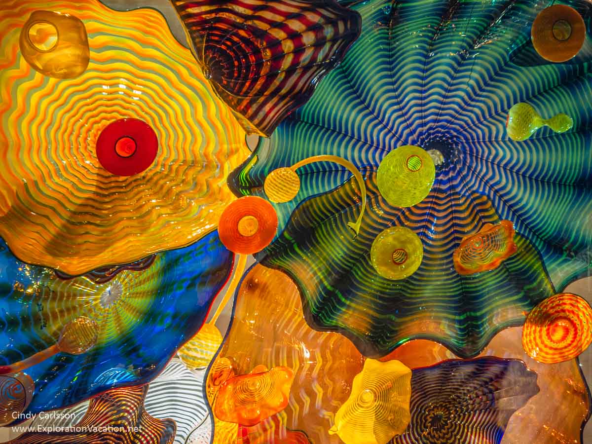 Looking up at a portion of the multi-piece glass ceiling by Dale Chihuly at the Cafesjian Art Trust Museum.