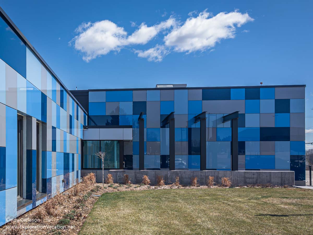 The blue and gray building that houses the Cafesjian Art Trust Museum.