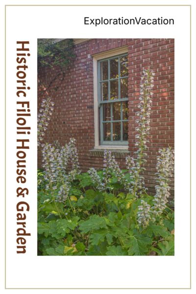Window in a brick building surrounded by gardens with text “Historic Filoli House and Garden California – ExplorationVacation.net."