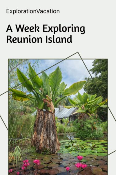Pin with a tropical water garden and text: "A week exploring Reunion Island - ExplorationVacation.net"