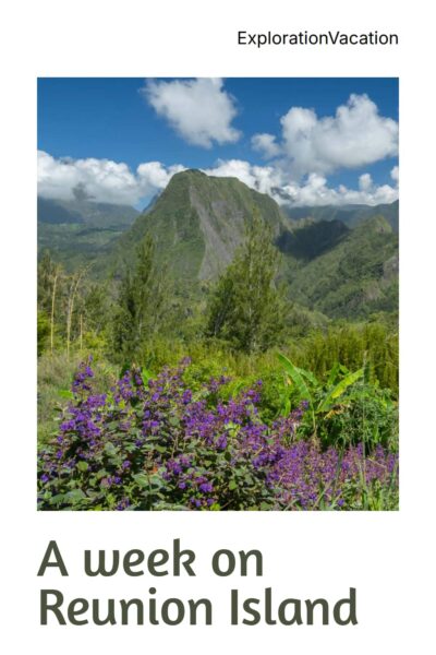 Pin with mountains and flowers, with text: "A week exploring Reunion Island - ExplorationVacation.net"