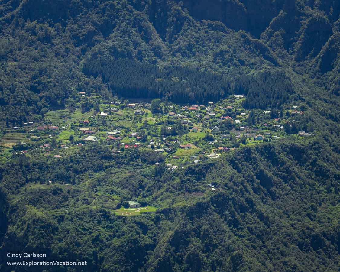 A small settlement perched on a high plateau in the Cirque de Mafate.