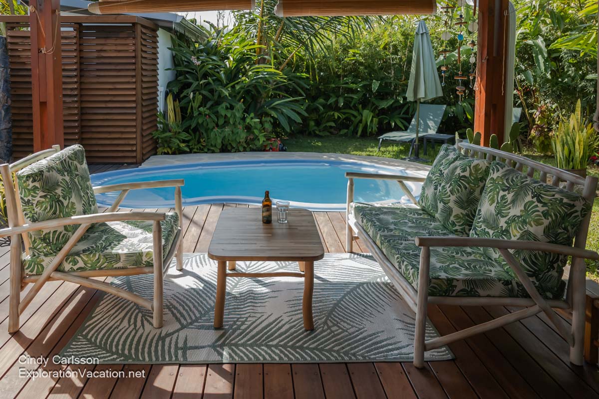 A yard with a small pool and a shady deck with a table and chairs and a beer bottle and glass.