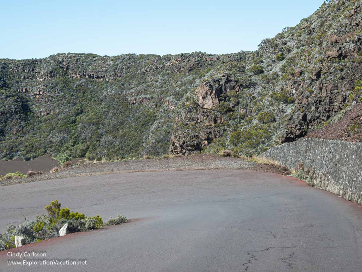 A switchback as viewed through the windshield while driving down the crater wall.