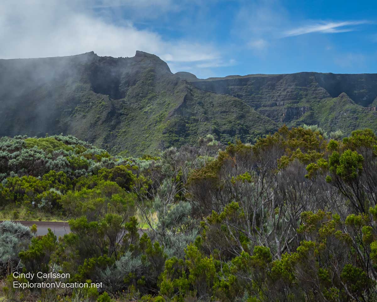 A rugged mountainous landscape with some fog.