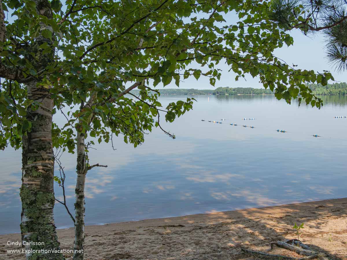 A shady sand beach below a tree with a lake and islands in the background.