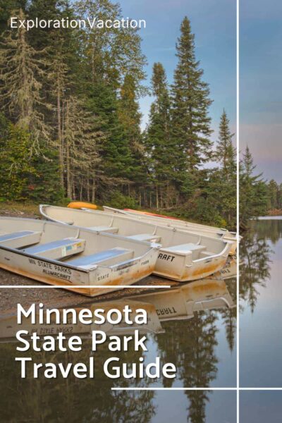 Two boats on a beach in still water with pines in the background at dusk and text: "Minnesota State Parks Overview and Travel Guide - ExplorationVacation.net"