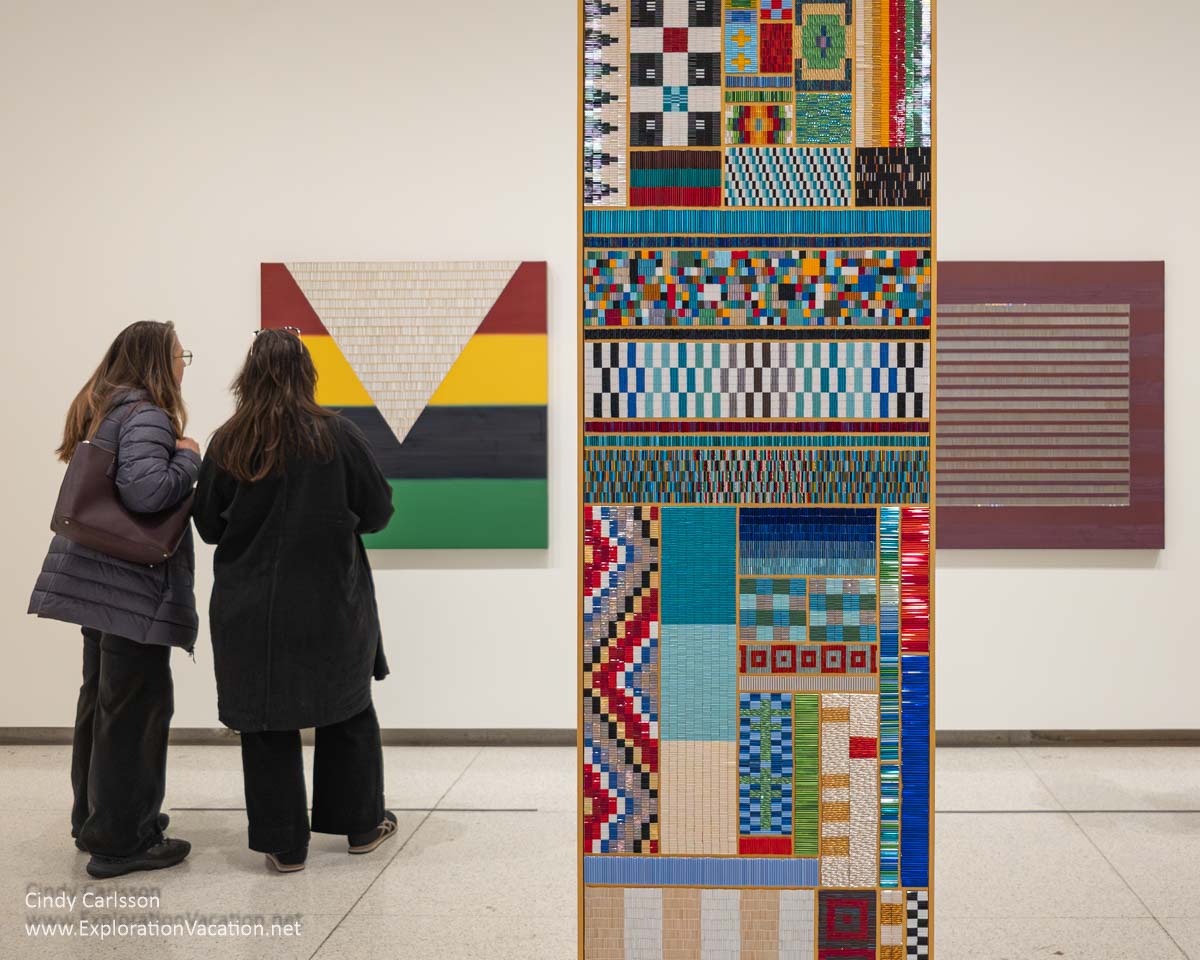 Women looking at artwork by Dyani White Hawk.